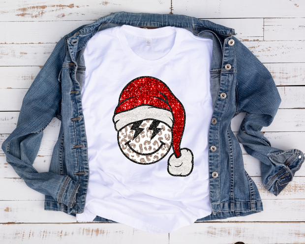 Faux Glitter Happy Face with Santa Hat/ Transfer