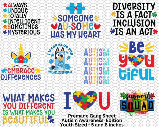 Autism Awareness Premade Gang Sheet (Youth Sized)