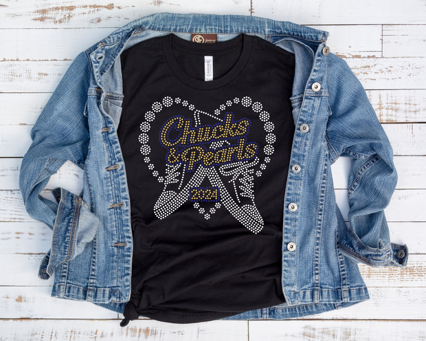 Chucks and Pearls (Blue & Gold) Rhinestone Transfer-Adult Sized